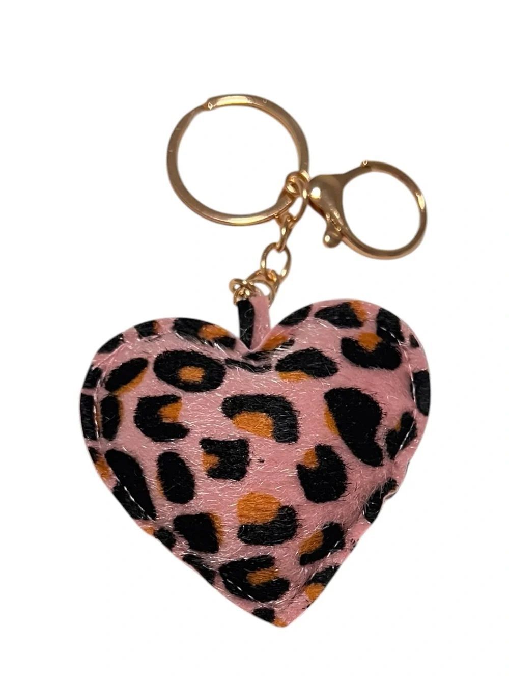 Pink Leopard Print Faux Fur Heart Keychain Charm